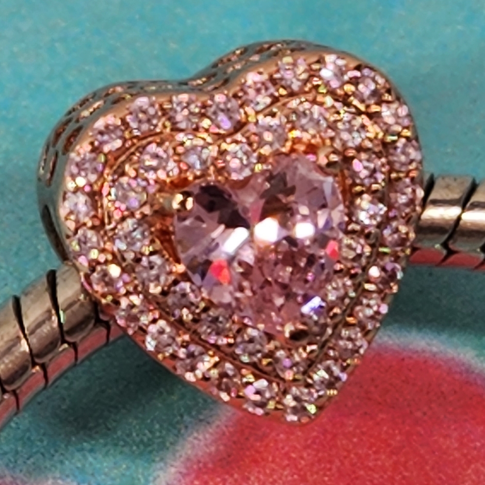 S925 Sterling Silver Pink Crystal Heart European Style Charm Bead